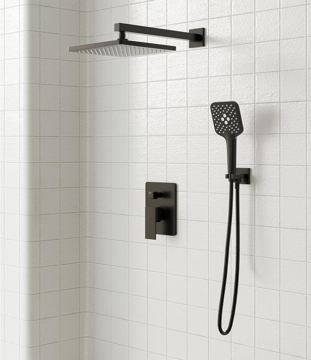 imageGabrylly Shower System 10 Inches Rain Shower Heads with Handheld Spray Combo Wall Mounted Shower Faucets Sets Complete with Shower Valve Kit Shower Head and Handle Set Matte BlackMatte Black