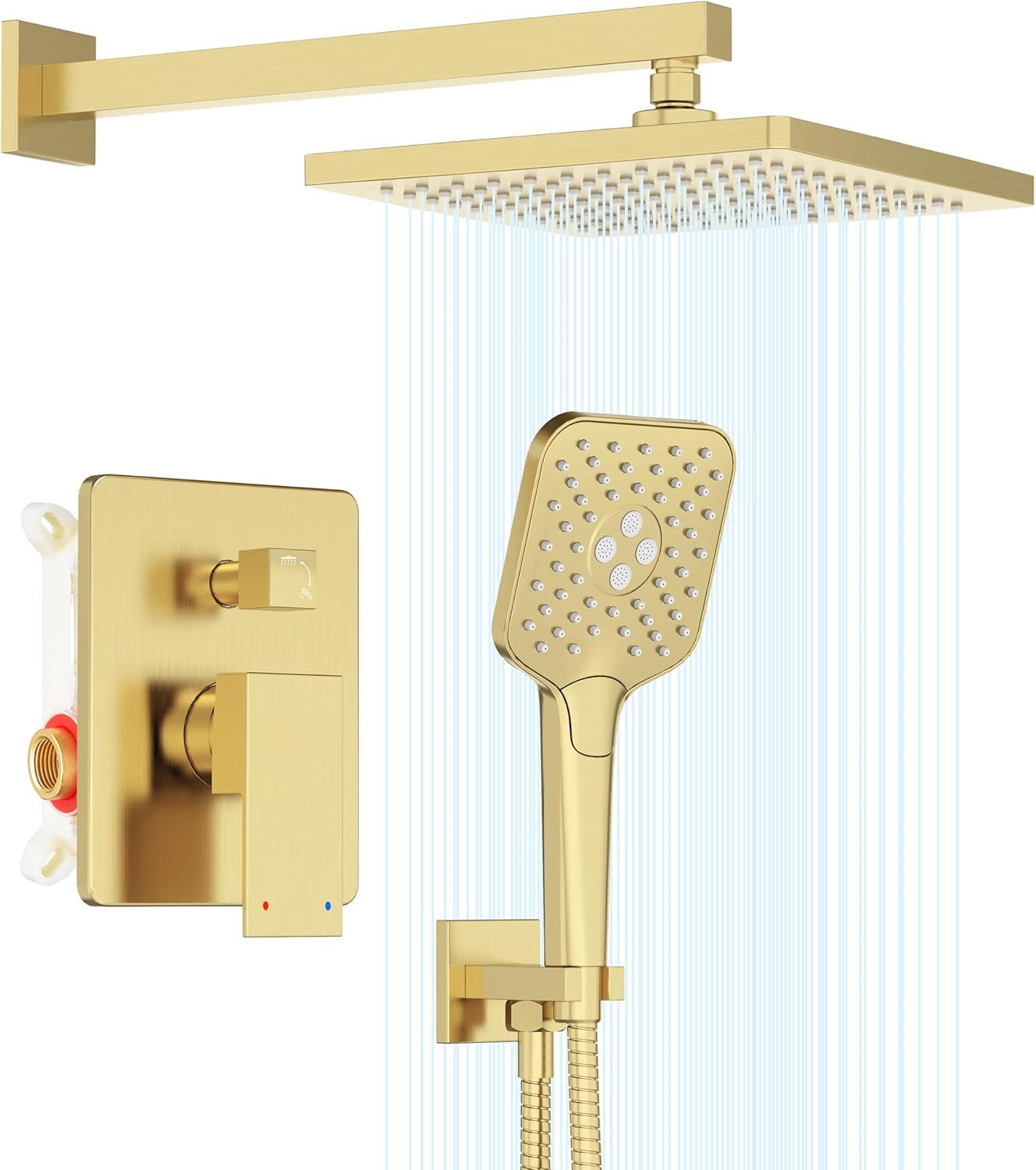 imageGabrylly Shower System 10 Inches Rain Shower Heads with Handheld Spray Combo Wall Mounted Shower Faucets Sets Complete with Shower Valve Kit Shower Head and Handle Set Matte Blackbrushed gold