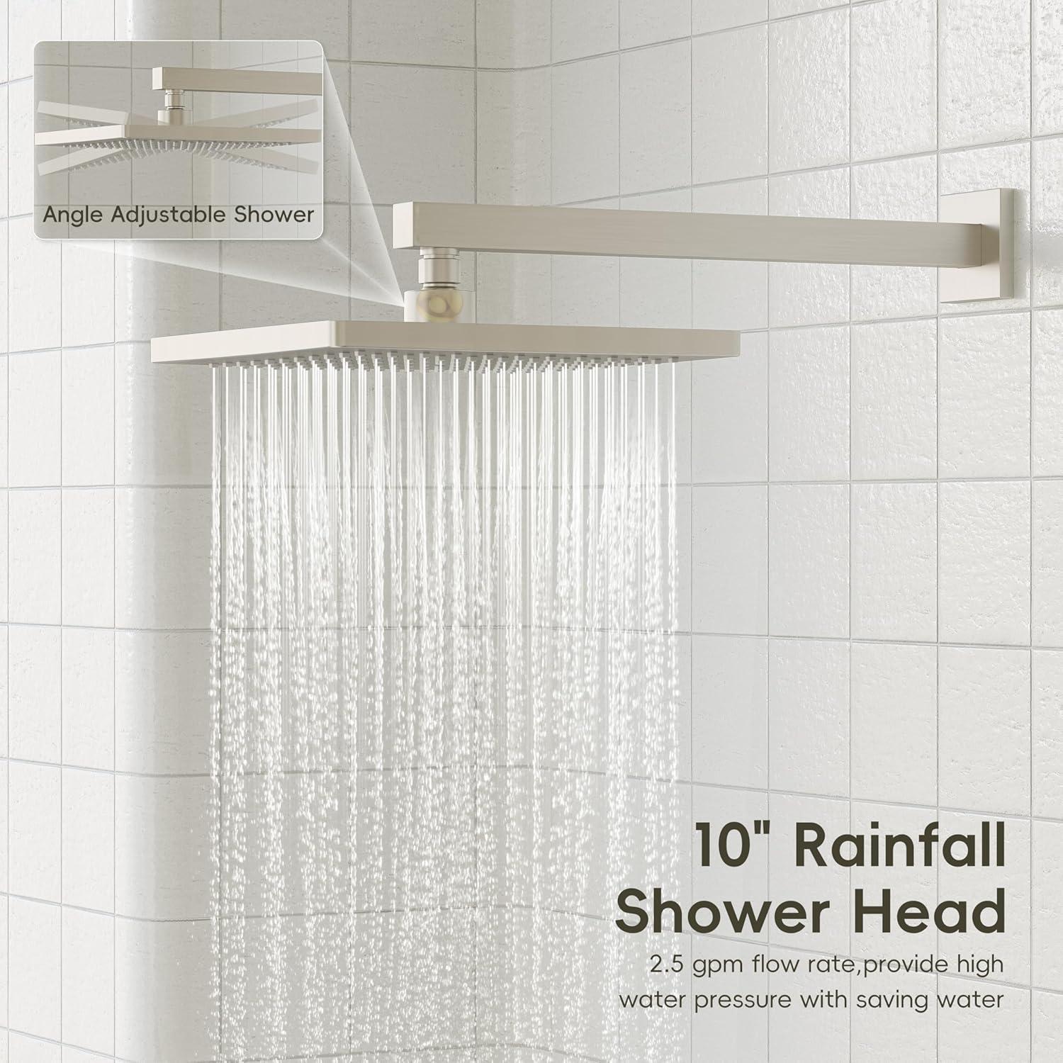imageGabrylly Shower System 10 Inches Rain Shower Heads with Handheld Spray Combo Wall Mounted Shower Faucets Sets Complete with Shower Valve Kit Shower Head and Handle Set Matte BlackBrushed Nickel