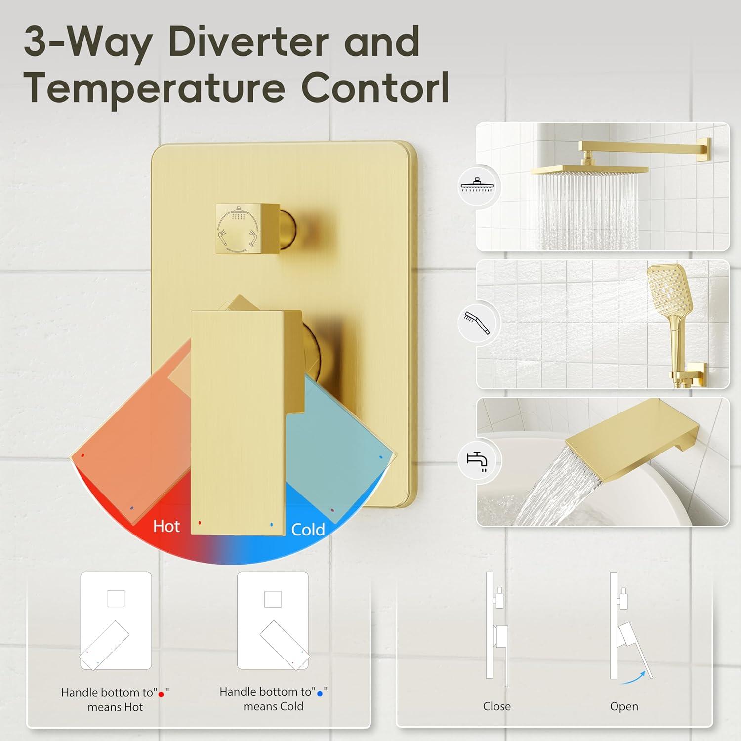imageGabrylly Shower System 10 Inches Rain Shower Heads with Handheld Spray Combo Wall Mounted Shower Faucets Sets Complete with Shower Valve Kit Shower Head and Handle Set Matte Blackbrushed gold