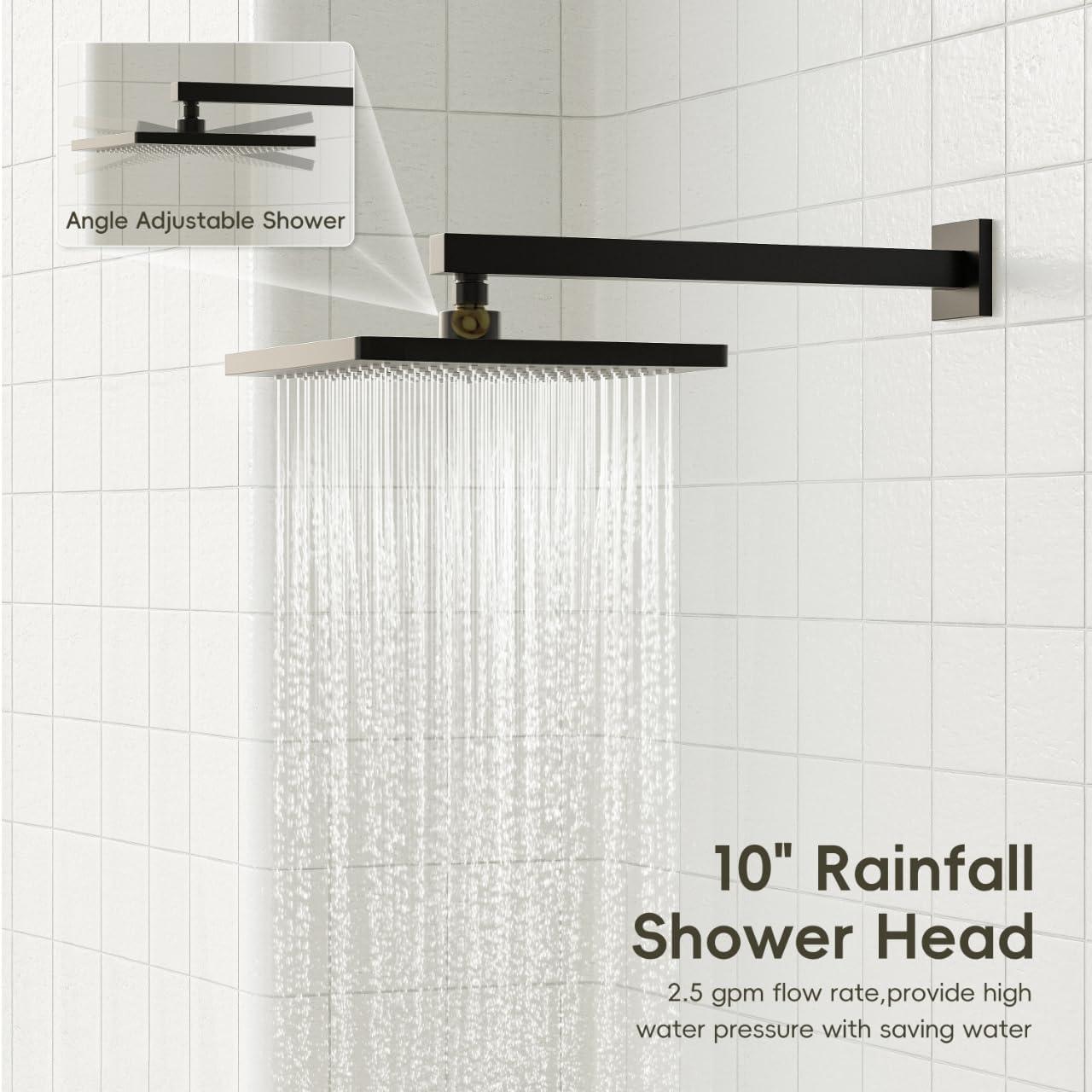 imageGabrylly Shower System 10 Inches Rain Shower Heads with Handheld Spray Combo Wall Mounted Shower Faucets Sets Complete with Shower Valve Kit Shower Head and Handle Set Matte BlackMatte Black