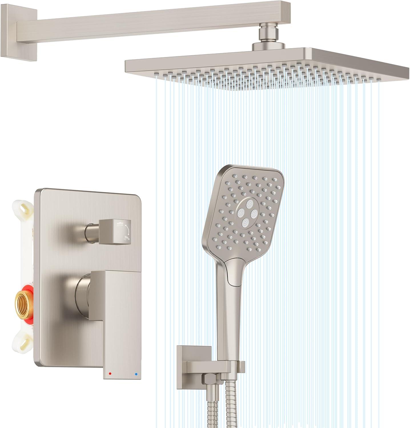 imageGabrylly Shower System 10 Inches Rain Shower Heads with Handheld Spray Combo Wall Mounted Shower Faucets Sets Complete with Shower Valve Kit Shower Head and Handle Set Matte BlackBrushed Nickel