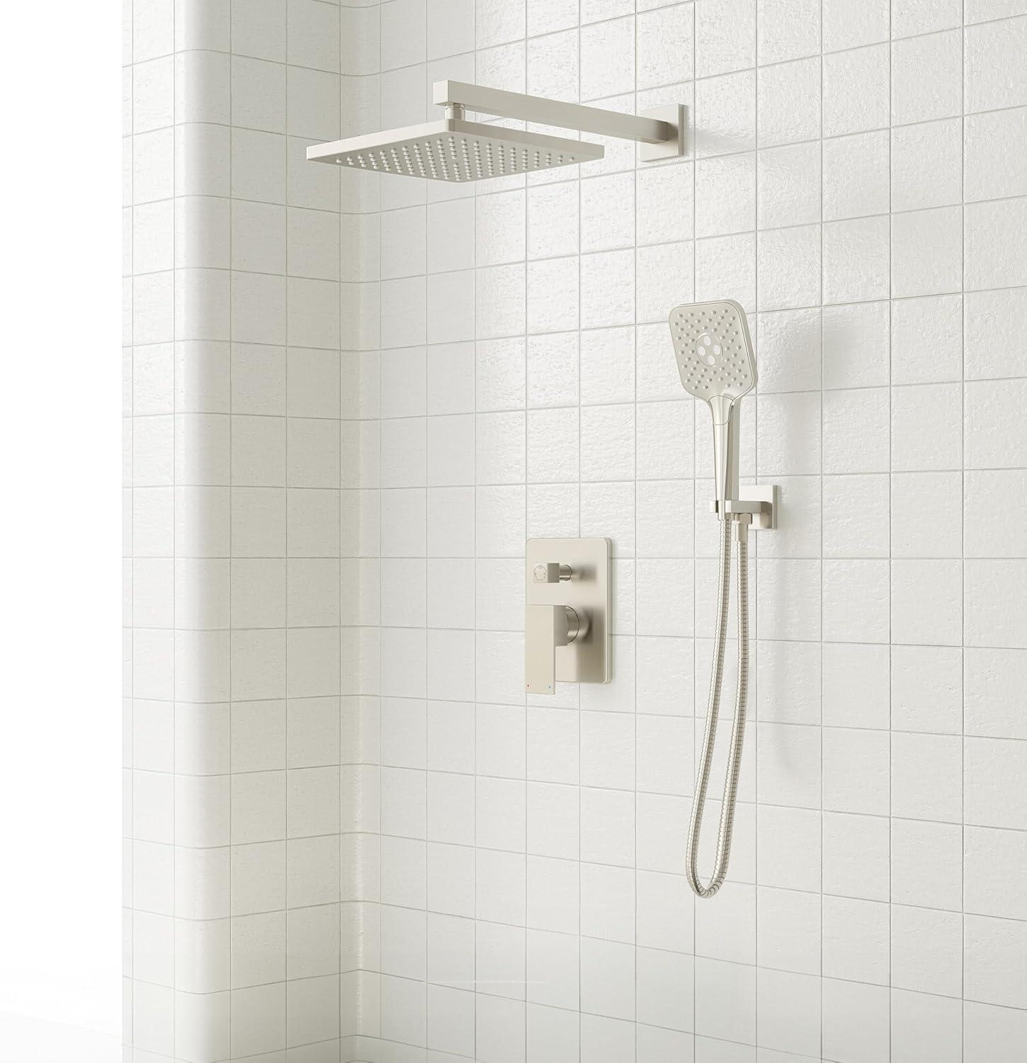 imageGabrylly Shower System 10 Inches Rain Shower Heads with Handheld Spray Combo Wall Mounted Shower Faucets Sets Complete with Shower Valve Kit Shower Head and Handle Set Matte BlackBrushed Nickel