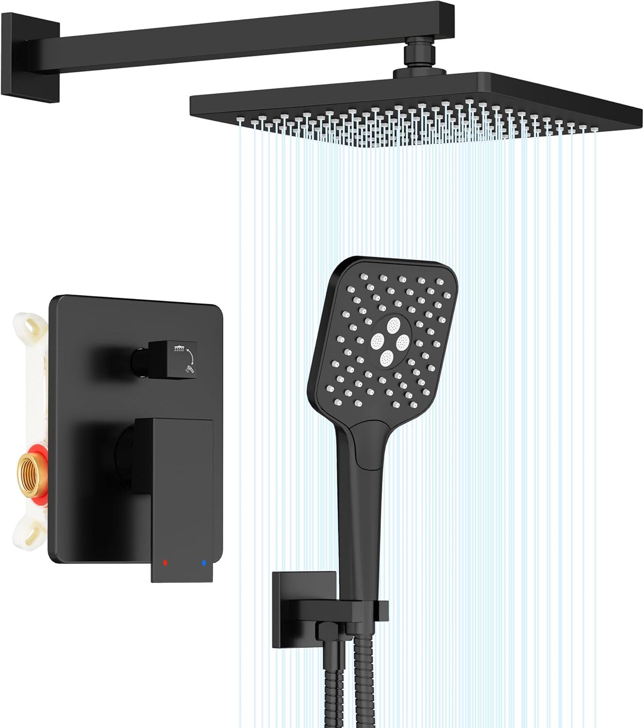 imageGabrylly Shower System 10 Inches Rain Shower Heads with Handheld Spray Combo Wall Mounted Shower Faucets Sets Complete with Shower Valve Kit Shower Head and Handle Set Matte BlackMatte Black