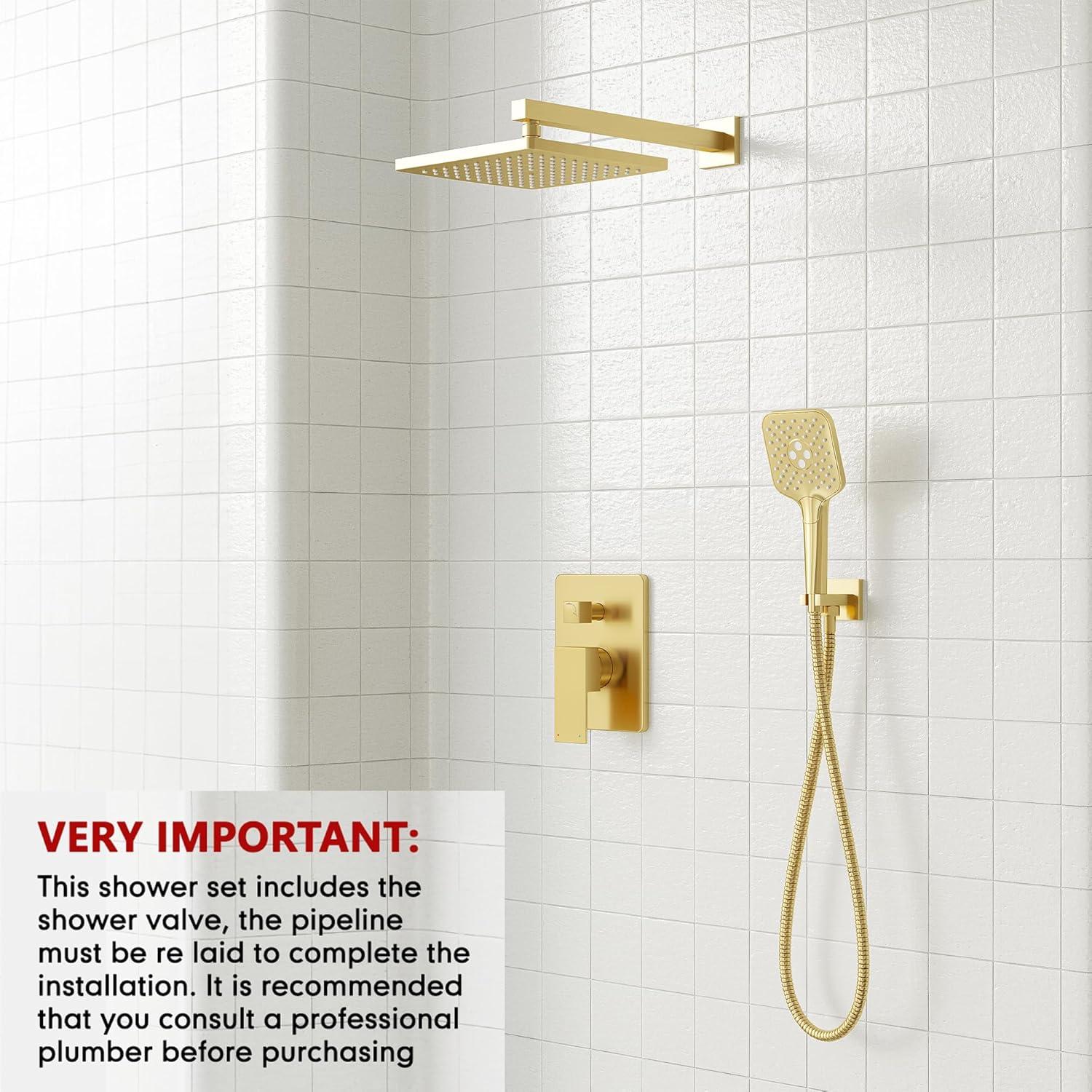 imageGabrylly Shower System 10 Inches Rain Shower Heads with Handheld Spray Combo Wall Mounted Shower Faucets Sets Complete with Shower Valve Kit Shower Head and Handle Set Matte Blackbrushed gold