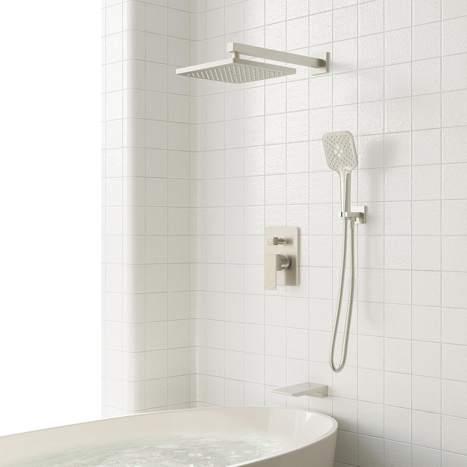 imageGabrylly Shower System 10 Inches Rain Shower Heads with Handheld Spray Combo Wall Mounted Shower Faucets Sets Complete with Shower Valve Kit Shower Head and Handle Set Matte BlackBrushed Nickel