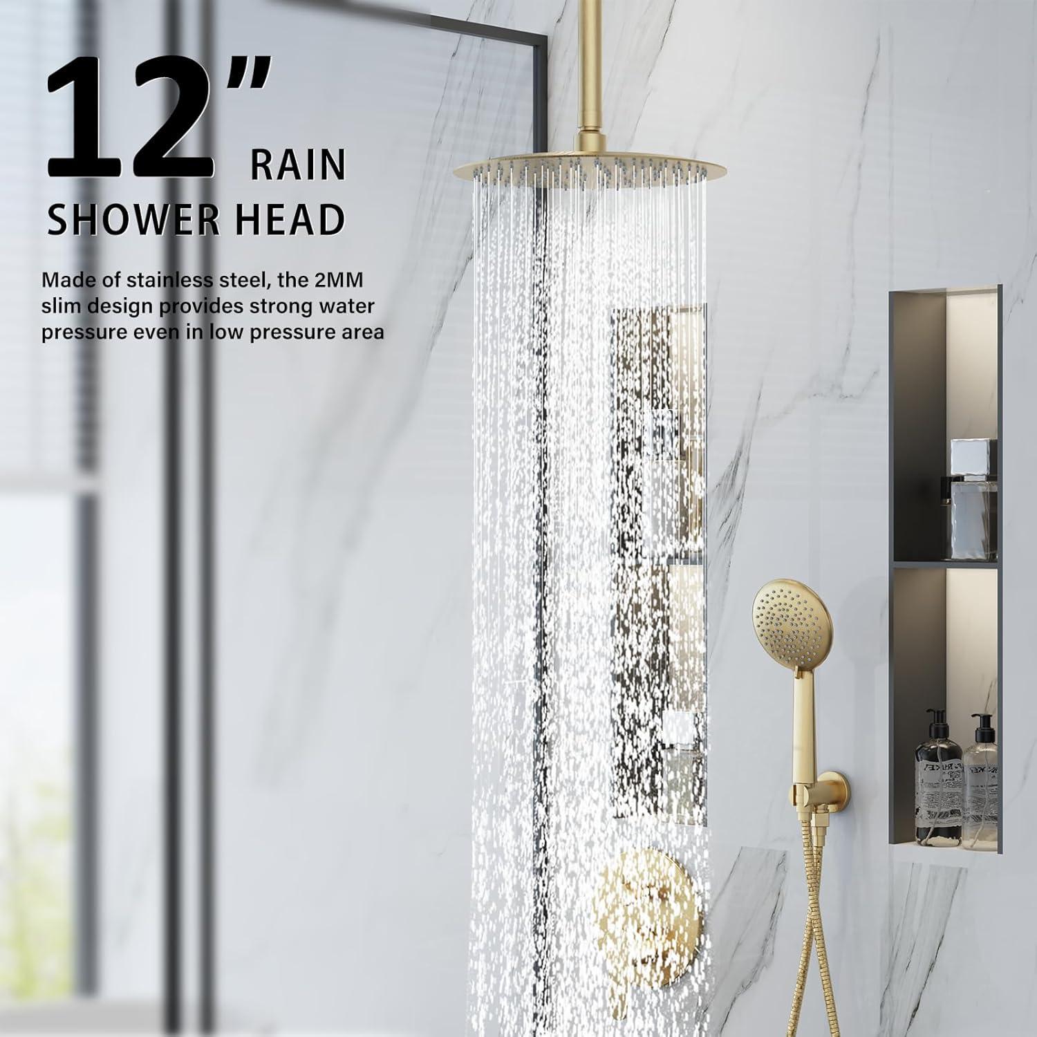 imageGabrylly Shower System Ceiling Shower Faucet Set with 12quot Rain Shower head and Handheld Shower Shower Combo Set with Valve Brushed GoldBrushed Gold