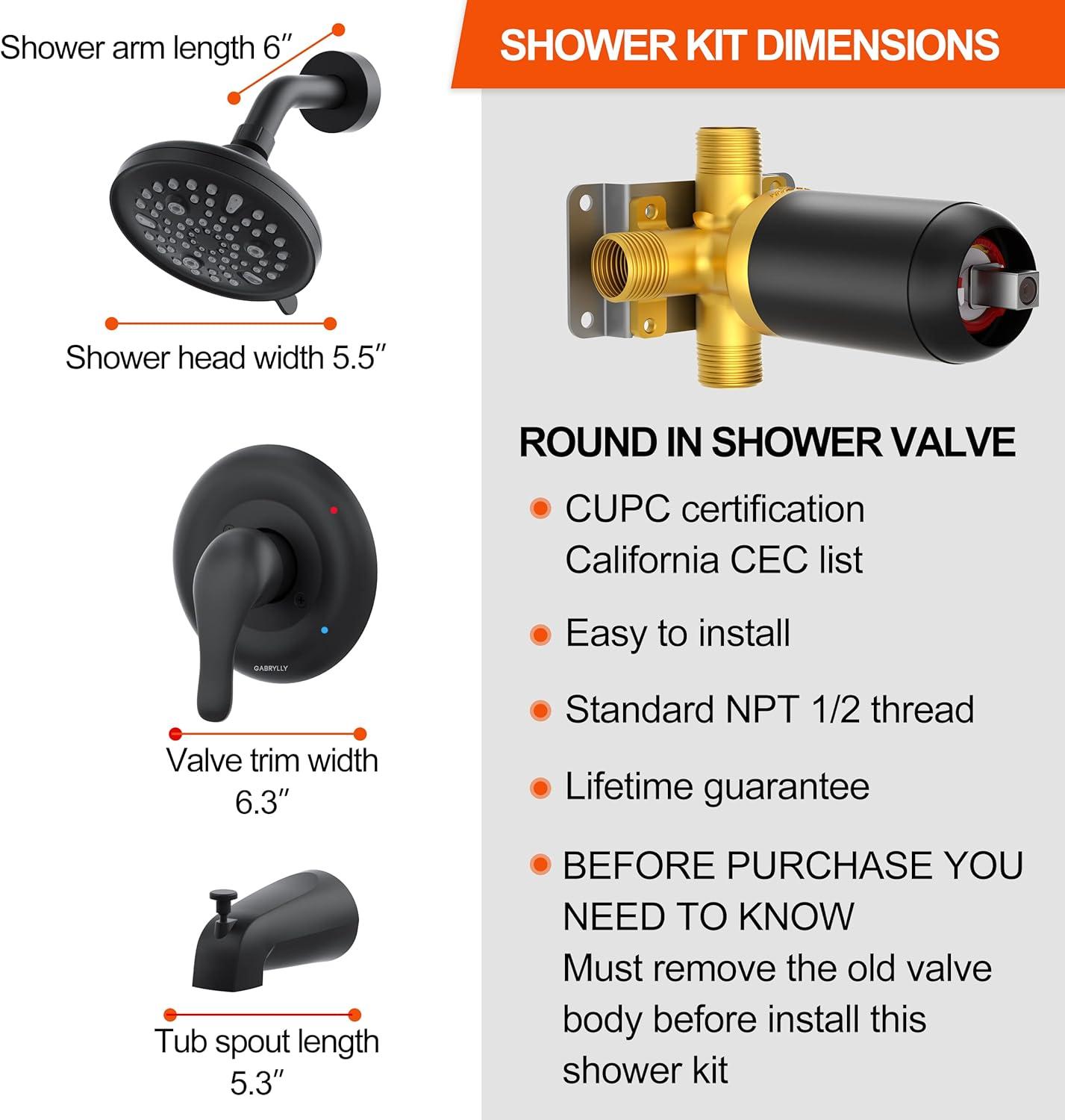 imageGabrylly Tub Shower Faucet Set Black Shower Head and Handle Set with 9Setting Rain Shower Head and Tub Spout SingleHandle Shower Trim Kit with Valve Matte Black