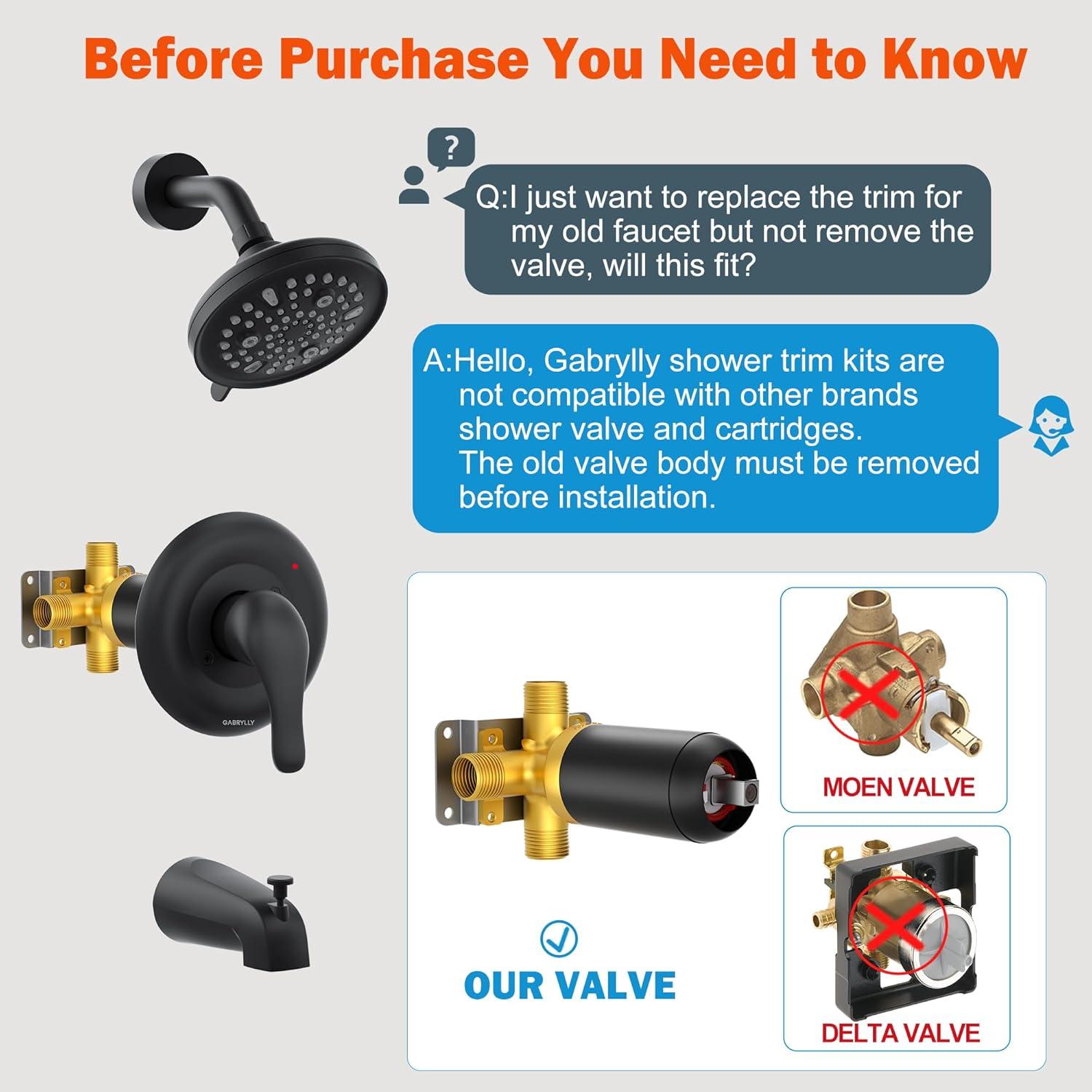 imageGabrylly Tub Shower Faucet Set Black Shower Head and Handle Set with 9Setting Rain Shower Head and Tub Spout SingleHandle Shower Trim Kit with Valve Matte Black