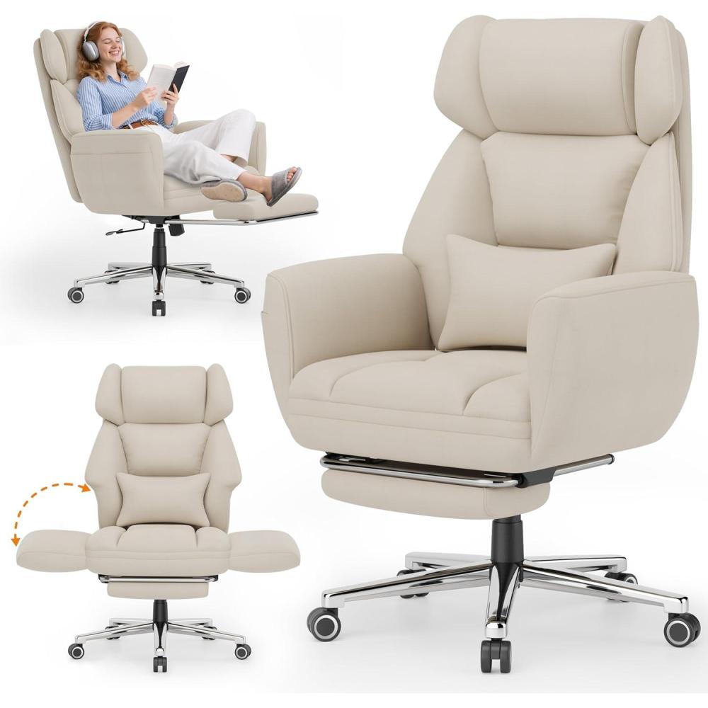imageGABRYLLY Ergonomic Chair with Footrest Wide Cross Legged Chair with Reversible Armrests 120Tilt Lumbar SupportHeavyDuty Base Big and Tall Executive Chair Plus Black GY82766Ivory