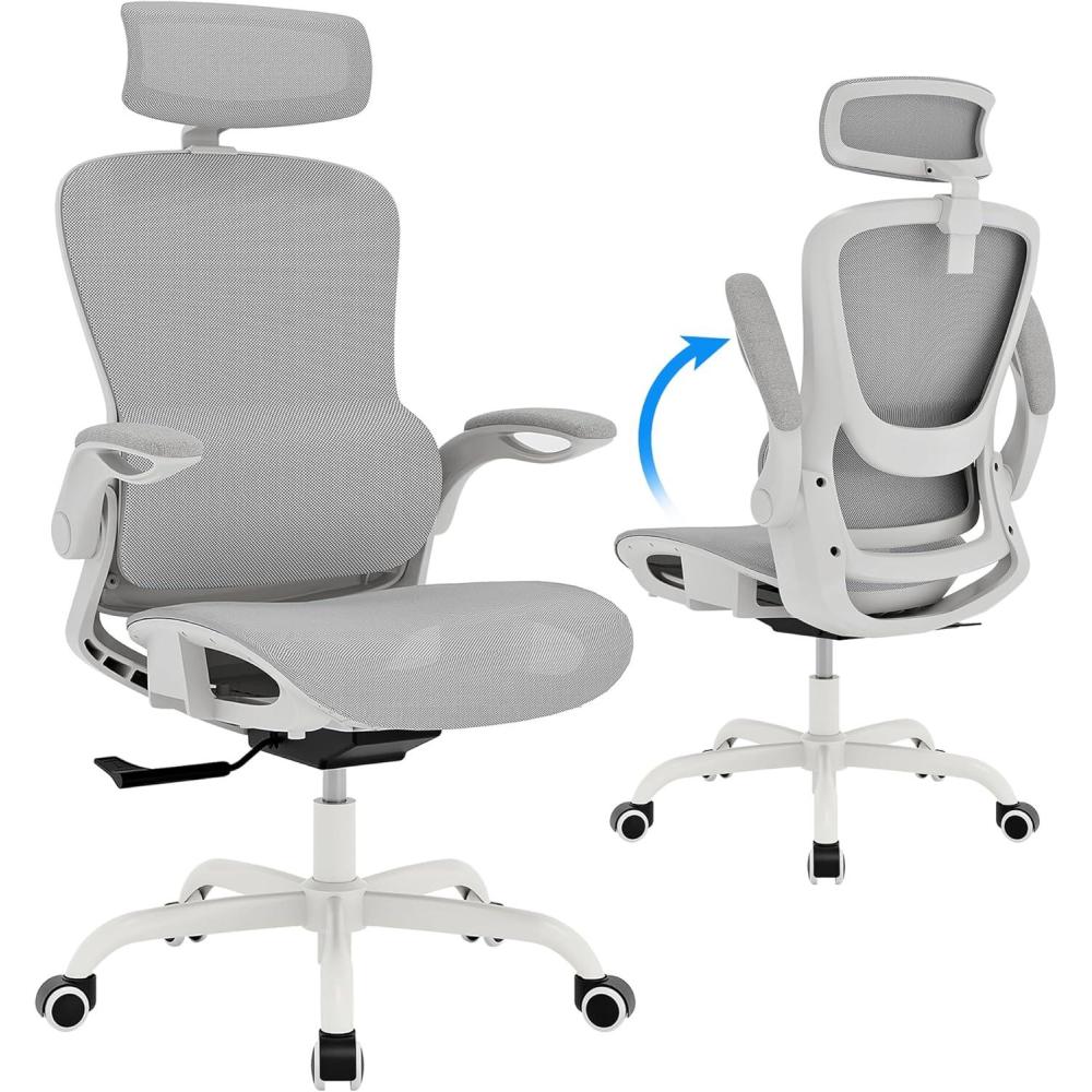 imageGABRYLLY Ergonomic Mesh Office Chair White Desk Chair FlipUp Armrest Adjustable Headrest Tilting with Soft Seat and PU Wheel Elite Home Desk Chair for Work Study Gaming GY1108White Mesh