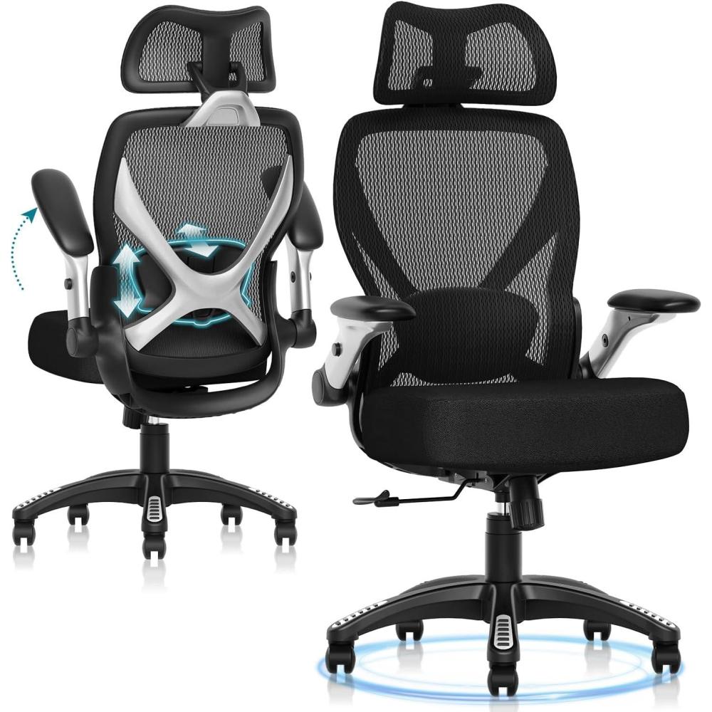 imageGABRYLLY Ergonomic Office Chair Big and Tall Computer Desk Chair 5D Folding Arms 135 Tilt Large ampamp Thick Foam Seat Adjustable Lumbar Support 3D Functional Headrest Heavy Duty Home Mesh Chair