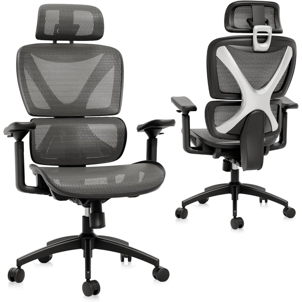 imageGABRYLLY Ergonomic Office Chair Big and Tall Mesh Chair with Lumbar Support 3D armrest 215 Rotation Adjustable Headrest ampamp Soft Seat Durable Computer Chair 350LBS for Work GamingGrey