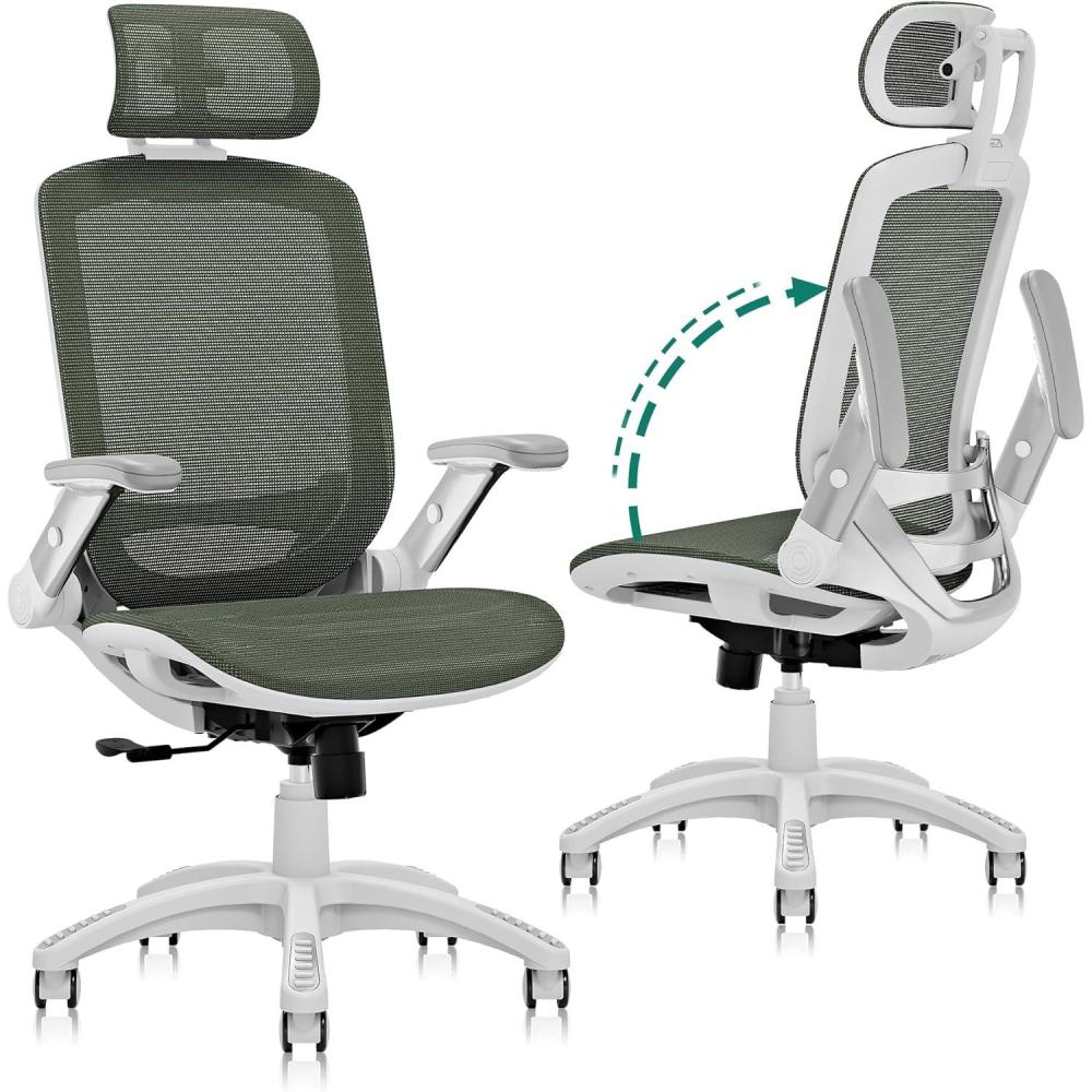 imageGABRYLLY Ergonomic Office Chair High Back Home Desk Chair with Headrest FlipUp Arms 90120 Tilt Lock and Wide Cushion Big and Tall Mesh Chairs for Man Woman Grey Task ChairWhite Frame Olive Green Mesh