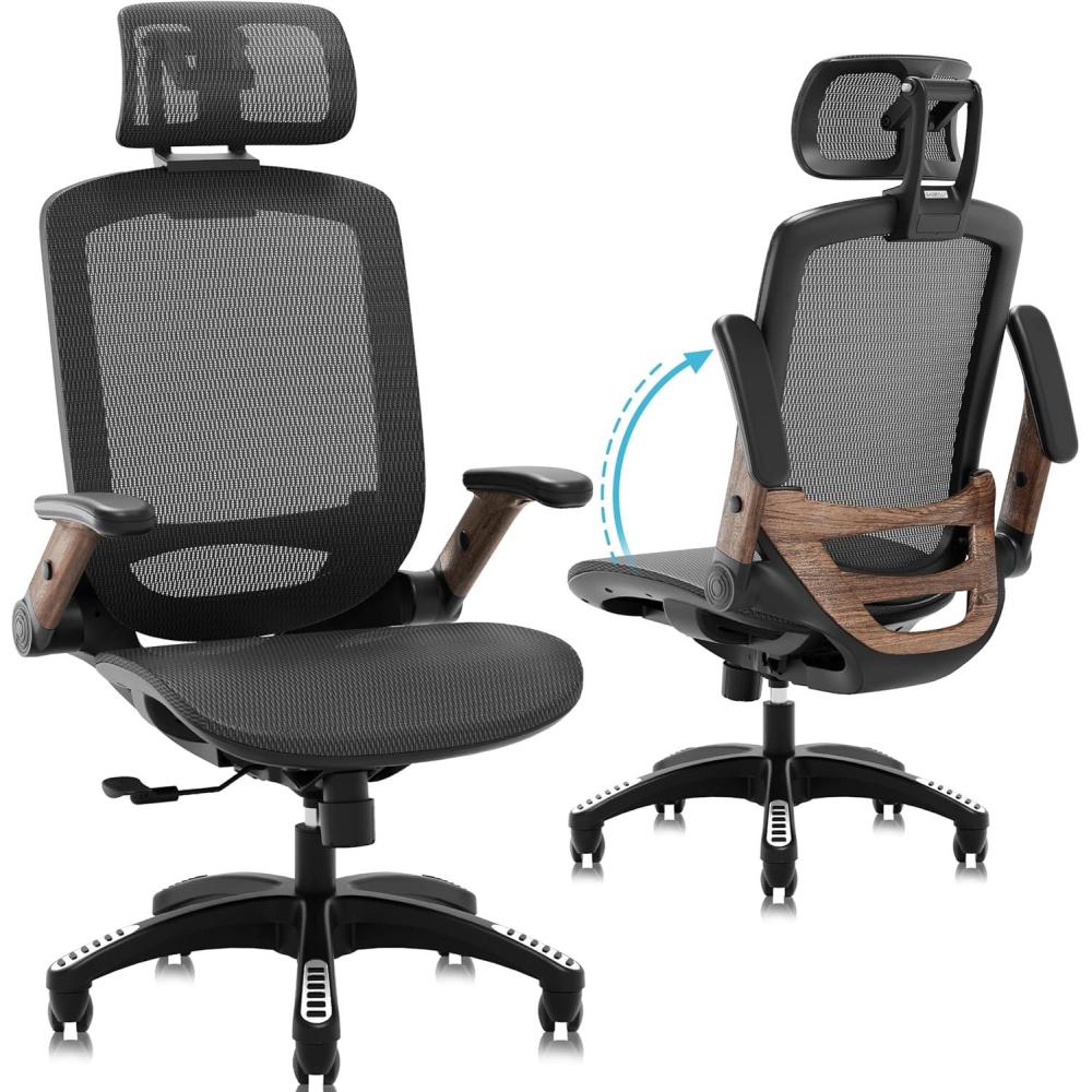 imageGABRYLLY Ergonomic Office Chair High Back Home Desk Chair with Headrest FlipUp Arms 90120 Tilt Lock and Wide Cushion Big and Tall Mesh Chairs for Man Woman Grey Task ChairBlack Frame Dark Woodgrain