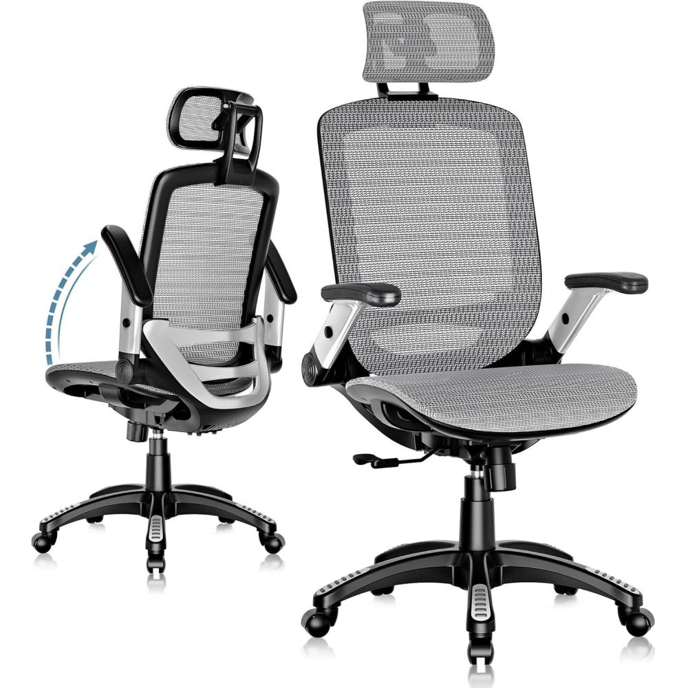 imageGABRYLLY Ergonomic Office Chair High Back Home Desk Chair with Headrest FlipUp Arms 90120 Tilt Lock and Wide Cushion Big and Tall Mesh Chairs for Man Woman Grey Task ChairGrey