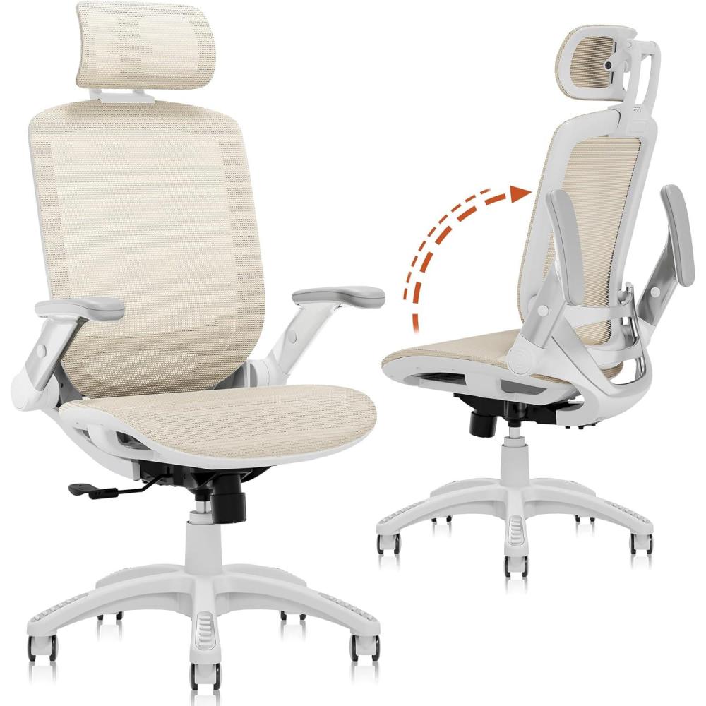 imageGABRYLLY Ergonomic Office Chair High Back Home Desk Chair with Headrest FlipUp Arms 90120 Tilt Lock and Wide Cushion Big and Tall Mesh Chairs for Man Woman Grey Task ChairWhite Frame Beige Mesh
