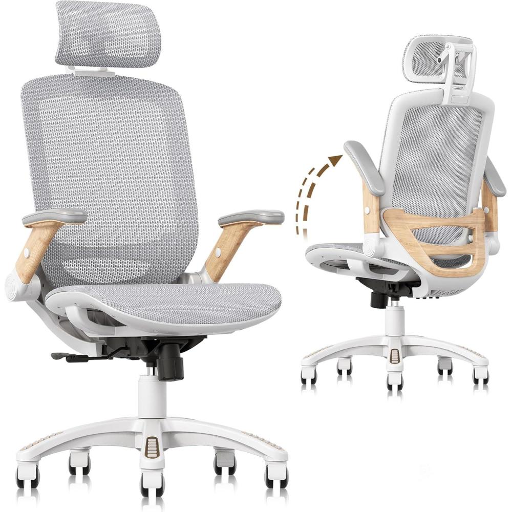 imageGABRYLLY Ergonomic Office Chair High Back Home Desk Chair with Headrest FlipUp Arms 90120 Tilt Lock and Wide Cushion Big and Tall Mesh Chairs for Man Woman Grey Task ChairWhite Frame Moon Grey Mesh