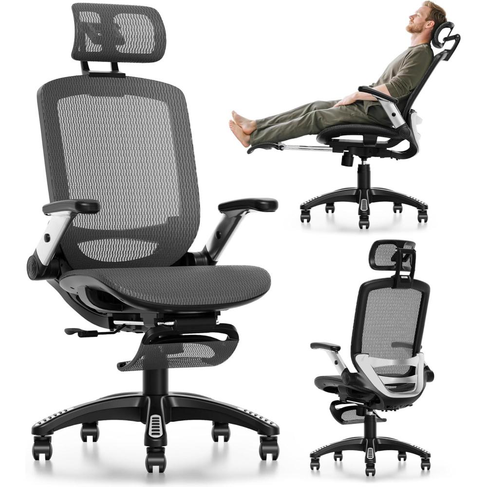 imageGABRYLLY Ergonomic Office Chair High Back Home Desk Chair with Headrest FlipUp Arms 90120 Tilt Lock and Wide Cushion Big and Tall Mesh Chairs for Man Woman Grey Task ChairObsidian Black