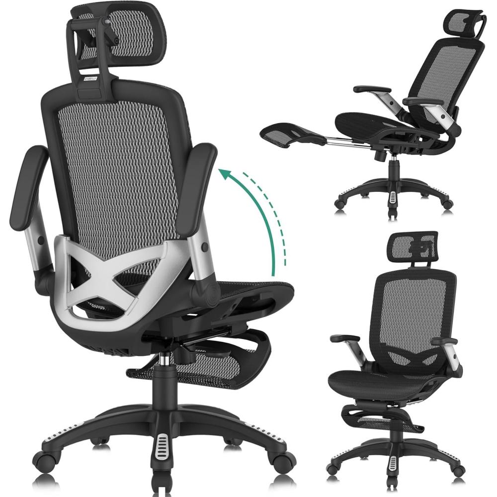 imageGABRYLLY Office Chair with Footrest Ergonomic Desk Chair 135 Recline Wide 45 FlipUp Arms3D Headrest ampamp Mesh Seat High Back Home Gaming Chair for Adult Man Woman 300LBSMidnight Black