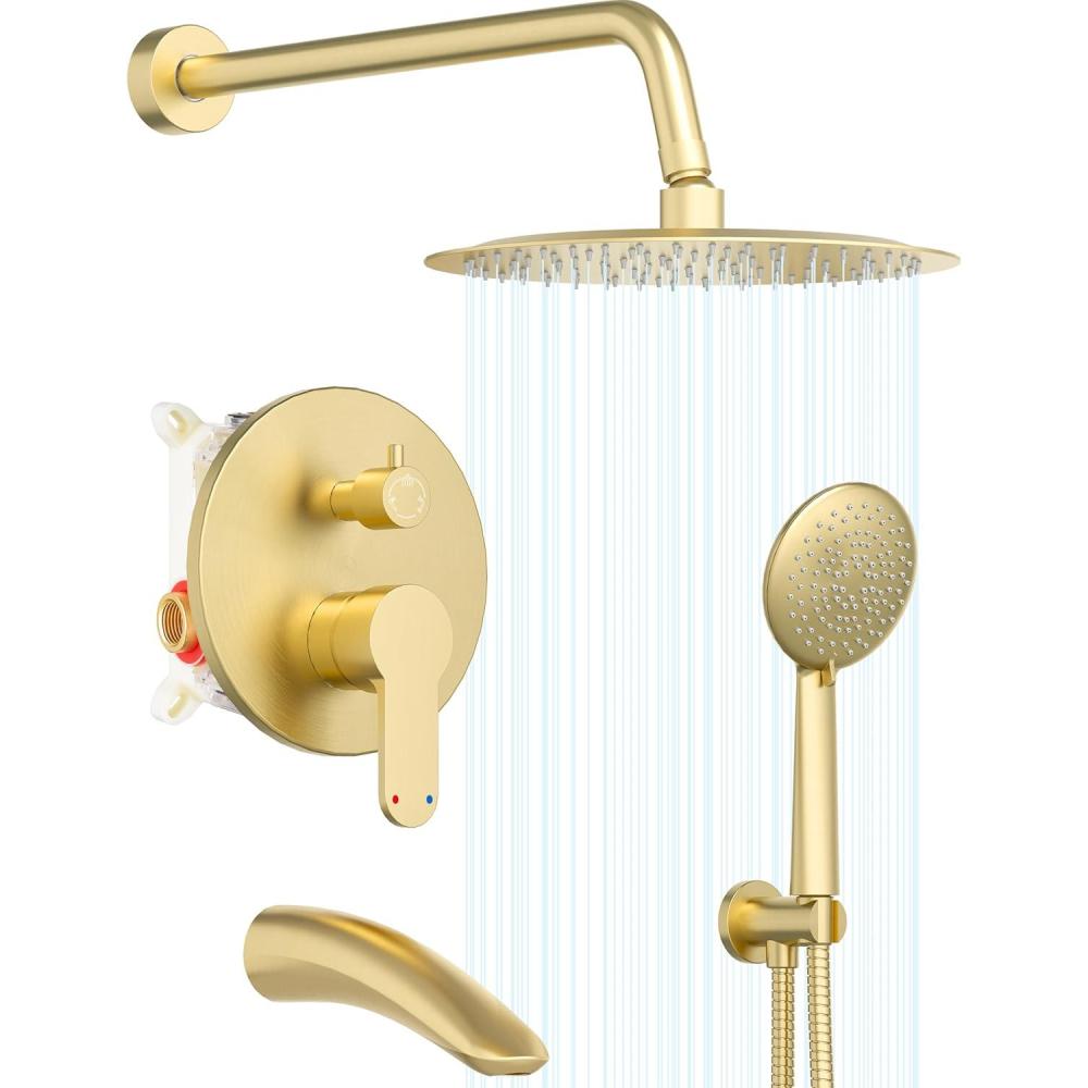 imageGabrylly Gold Shower Head System Shower Faucet Set with Pressure Balance Shower Valve 10 Inch Shower Heads with 5Setting handheld Spray Combo High Pressure Shower Fixtures Brushed GoldBrushed Gold