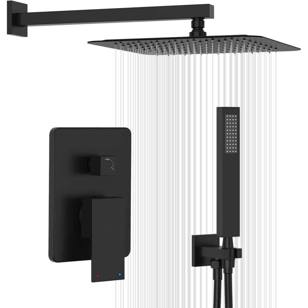 imageGabrylly Gold Shower System HighPressure 10quot Stainless Steel Rain Showerhead with handheld Spray Combo Rainfall Shower Faucet Set Complete 2 Way Valve Included Brushed GoldMatte Black