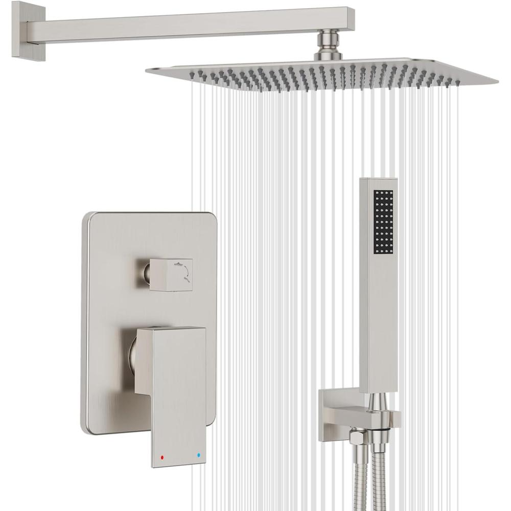 imageGabrylly Gold Shower System HighPressure 10quot Stainless Steel Rain Showerhead with handheld Spray Combo Rainfall Shower Faucet Set Complete 2 Way Valve Included Brushed GoldBrushed Nickel