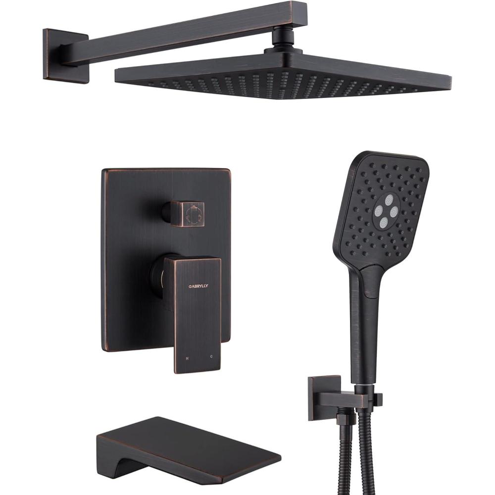 imageGabrylly Shower System 10 Inches Rain Shower Heads with Handheld Spray Combo Wall Mounted Shower Faucets Sets Complete with Shower Valve Kit Shower Head and Handle Set Matte BlackOil Rubbed Bronze