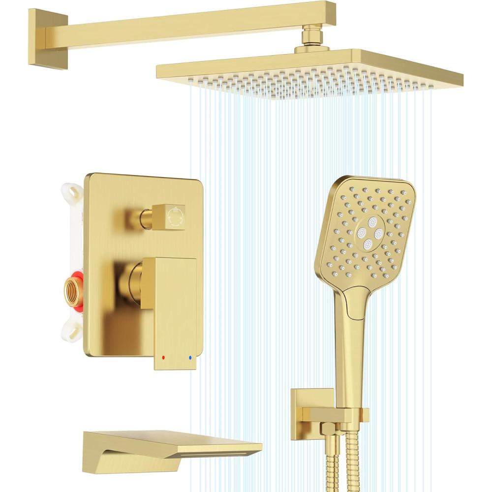 imageGabrylly Shower System 10 Inches Rain Shower Heads with Handheld Spray Combo Wall Mounted Shower Faucets Sets Complete with Shower Valve Kit Shower Head and Handle Set Matte Blackbrushed gold