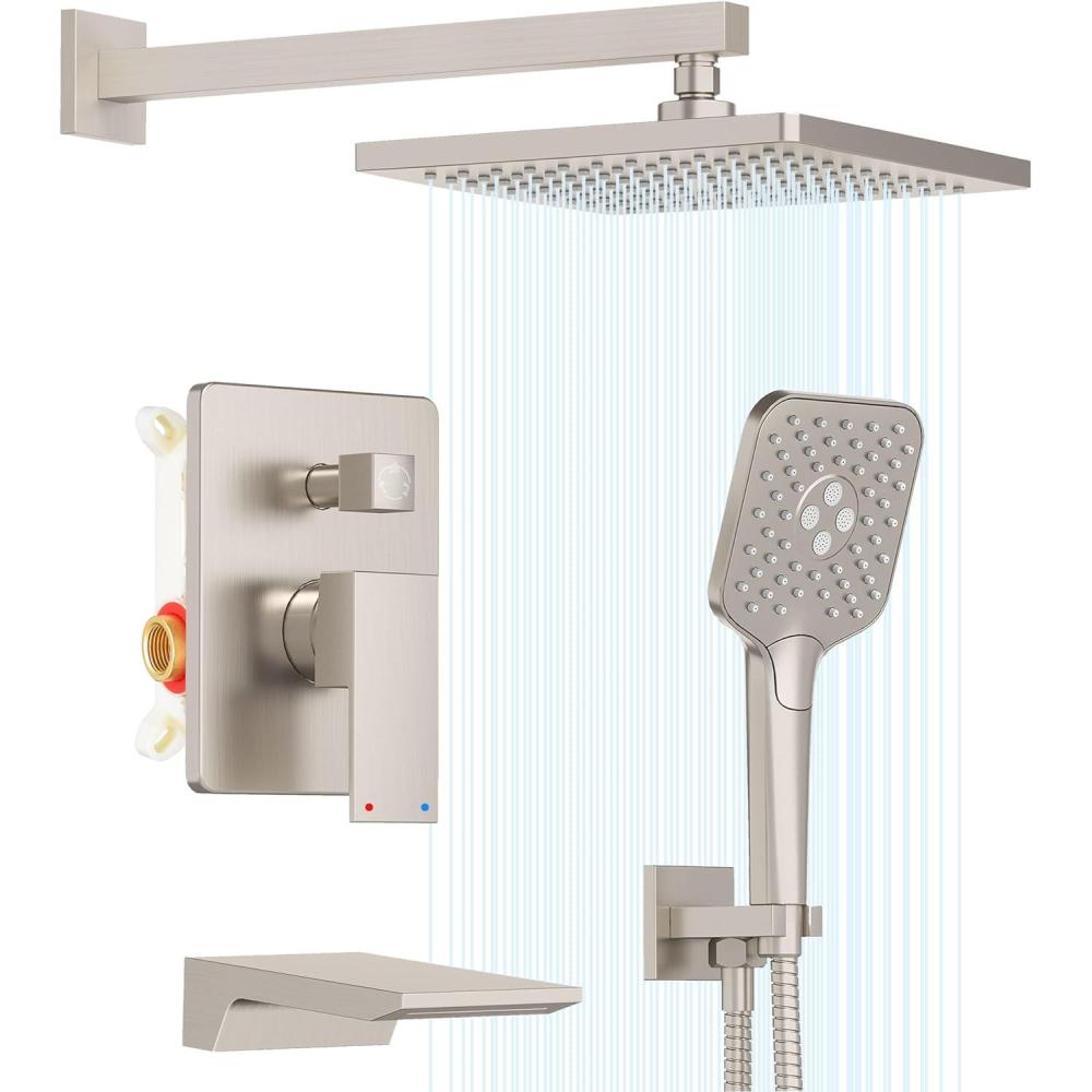 imageGabrylly Shower System 10 Inches Rain Shower Heads with Handheld Spray Combo Wall Mounted Shower Faucets Sets Complete with Shower Valve Kit Shower Head and Handle Set Matte BlackBrushed Nickel