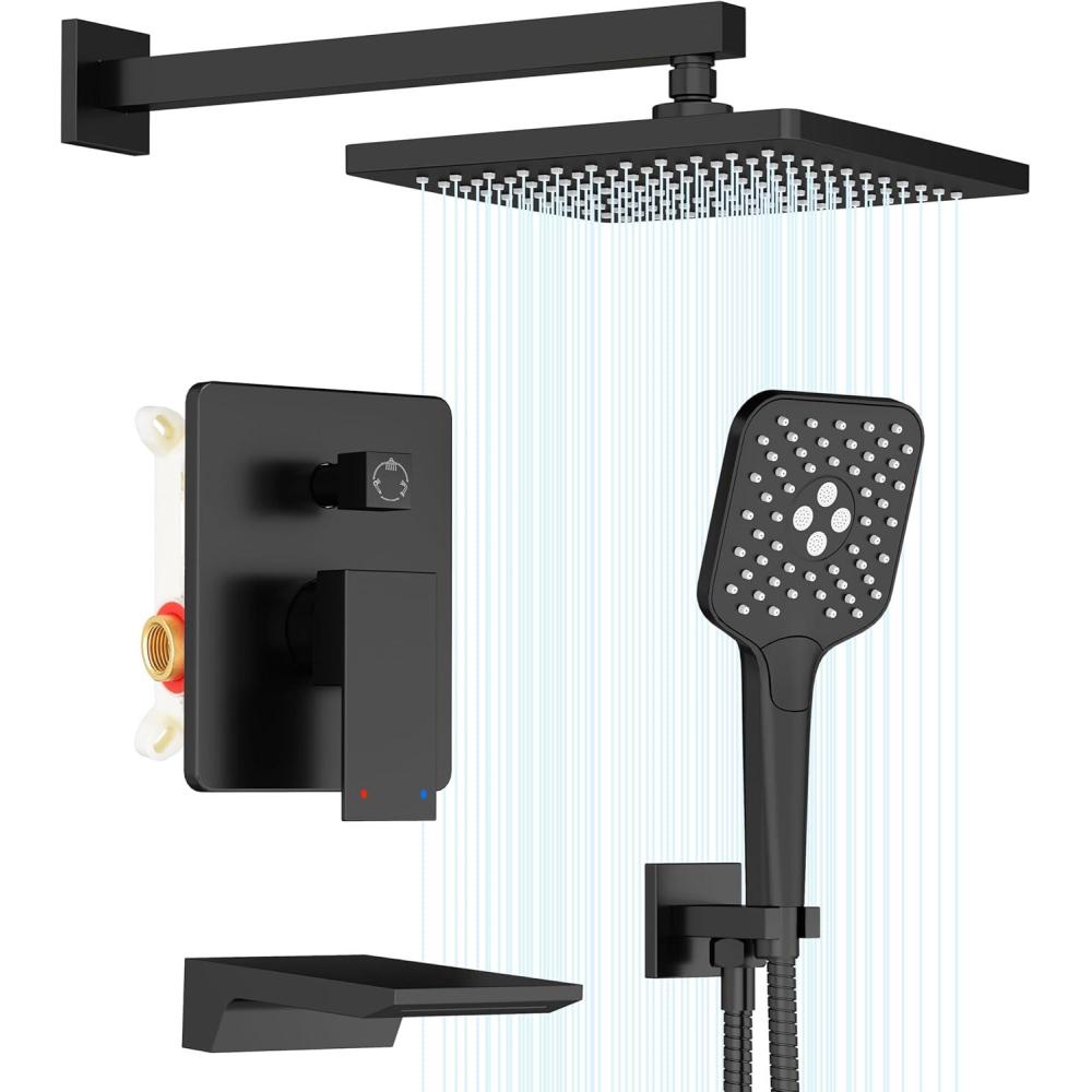 imageGabrylly Shower System 10 Inches Rain Shower Heads with Handheld Spray Combo Wall Mounted Shower Faucets Sets Complete with Shower Valve Kit Shower Head and Handle Set Matte BlackMatte Black