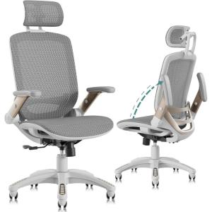 GABRYLLY Ergonomic Office Chair, High Back Home Desk Chair with Headrest, Flip-Up Arms, 90-120° Tilt Lock and Wide Cushion, Big and Tall Mesh Chairs for Man Woman, Grey Task Chair(White Frame – Black With Subtle White Undertones Mesh)