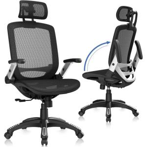 GABRYLLY Ergonomic Office Chair, High Back Home Desk Chair with Headrest, Flip-Up Arms, 90-120° Tilt Lock and Wide Cushion, Big and Tall Mesh Chairs for Man Woman, Grey Task Chair(Black)