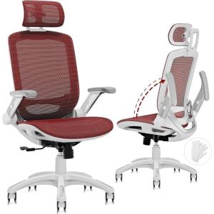 GABRYLLY Ergonomic Office Chair, High Back Home Desk Chair with Headrest, Flip-Up Arms, 90-120° Tilt Lock and Wide Cushion, Big and Tall Mesh Chairs for Man Woman, Grey Task Chair(White Frame Red Mesh)