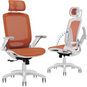 GABRYLLY Ergonomic Office Chair, High Back Home Desk Chair with Headrest, Flip-Up Arms, 90-120° Tilt Lock and Wide Cushion, Big and Tall Mesh Chairs for Man Woman, Grey Task Chair(White Frame Orange Mesh)