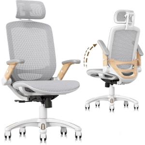 GABRYLLY Ergonomic Office Chair, High Back Home Desk Chair with Headrest, Flip-Up Arms, 90-120° Tilt Lock and Wide Cushion, Big and Tall Mesh Chairs for Man Woman, Grey Task Chair(White Frame Moon Grey Mesh)