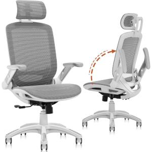 GABRYLLY Ergonomic Office Chair, High Back Home Desk Chair with Headrest, Flip-Up Arms, 90-120° Tilt Lock and Wide Cushion, Big and Tall Mesh Chairs for Man Woman, Grey Task Chair(White Frame Dark Grey Mesh)