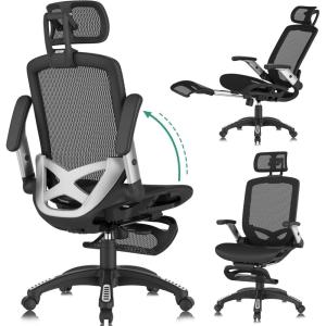 GABRYLLY Office Chair with Footrest, Ergonomic Desk Chair – 135° Recline Wide, 45° Flip-Up Arms,3D Headrest & Mesh Seat, High Back Home Gaming Chair for Adult Man Woman, 300LBS(Midnight Black)