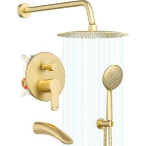Gabrylly Gold Shower Head System, Shower Faucet Set with Pressure Balance Shower Valve, 10 Inch Shower Heads with 5-Setting handheld Spray Combo, High Pressure Shower Fixtures, Brushed Gold(Brushed Gold)