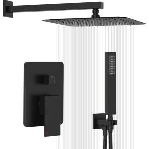 Gabrylly Gold Shower System, High-Pressure 10″ Stainless Steel Rain Showerhead with handheld Spray Combo, Rainfall Shower Faucet Set Complete, 2 Way Valve Included, Brushed Gold(Matte Black)