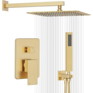 Gabrylly Gold Shower System, High-Pressure 10″ Stainless Steel Rain Showerhead with handheld Spray Combo, Rainfall Shower Faucet Set Complete, 2 Way Valve Included, Brushed Gold(Brushed Gold)