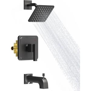 Gabrylly Shower Faucet Set, Bathtub Faucet with 6″ Rain Black Shower Head and Handle Set, Single-Handle Tub Shower Trim Kit with Valve, Matte Black