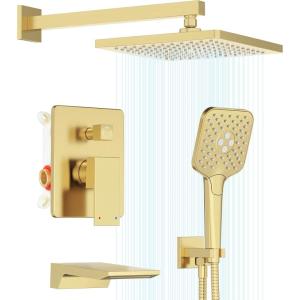 Gabrylly Shower System, 10 Inches Rain Shower Heads with Handheld Spray Combo, Wall Mounted Shower Faucets Sets Complete with Shower Valve Kit, Shower Head and Handle Set, Matte Black(brushed gold)