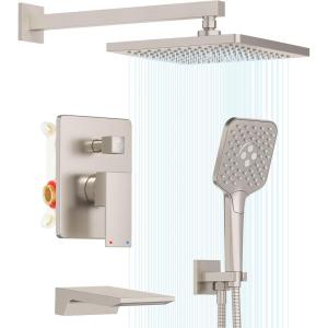 Gabrylly Shower System, 10 Inches Rain Shower Heads with Handheld Spray Combo, Wall Mounted Shower Faucets Sets Complete with Shower Valve Kit, Shower Head and Handle Set, Matte Black(Brushed Nickel)