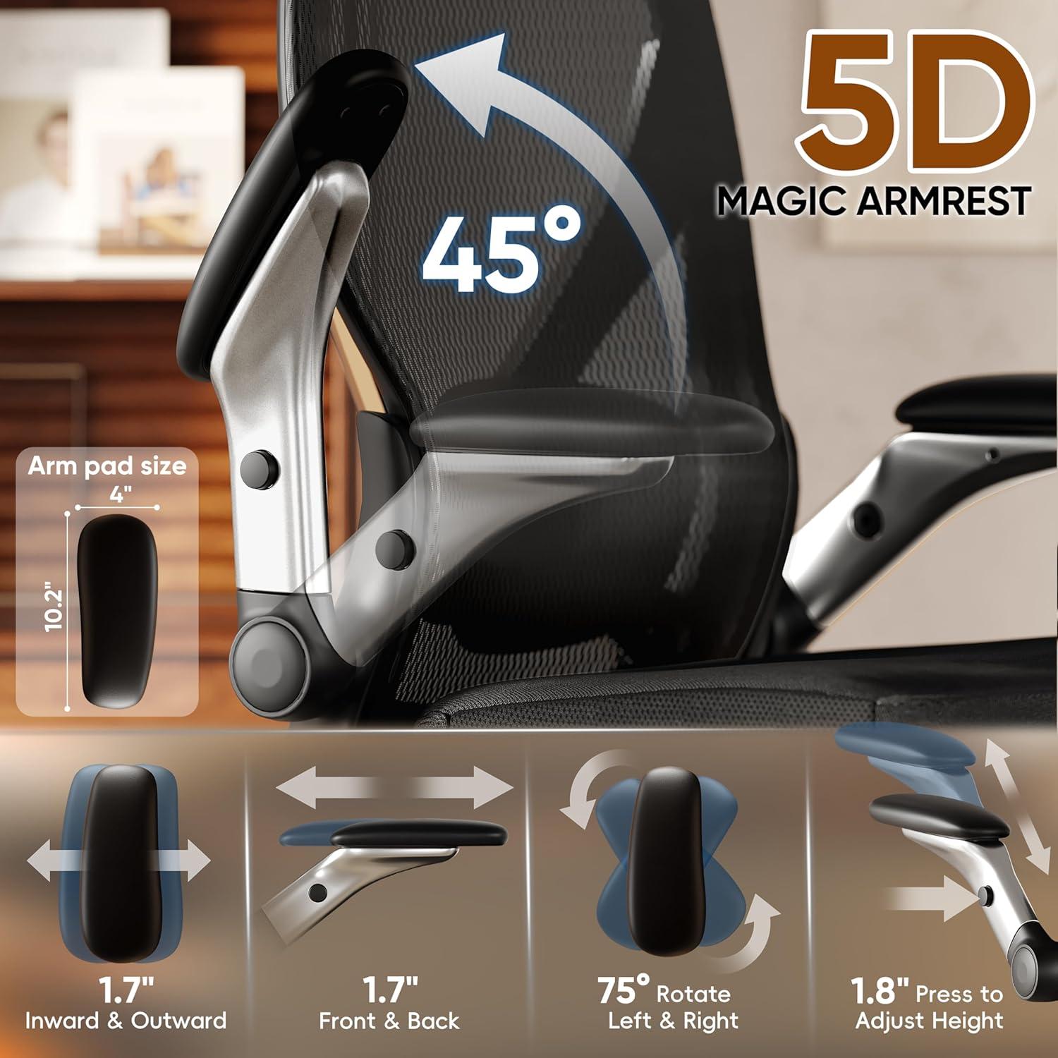imageGABRYLLY Ergonomic Office Chair Home Mesh Desk Chair with Adjustable Lumbar Support 5D Arms ampamp Wide Seat 135 Recline Big and Tall Computer Chairs for Work Gaming Heavy Duty300LBSBlack