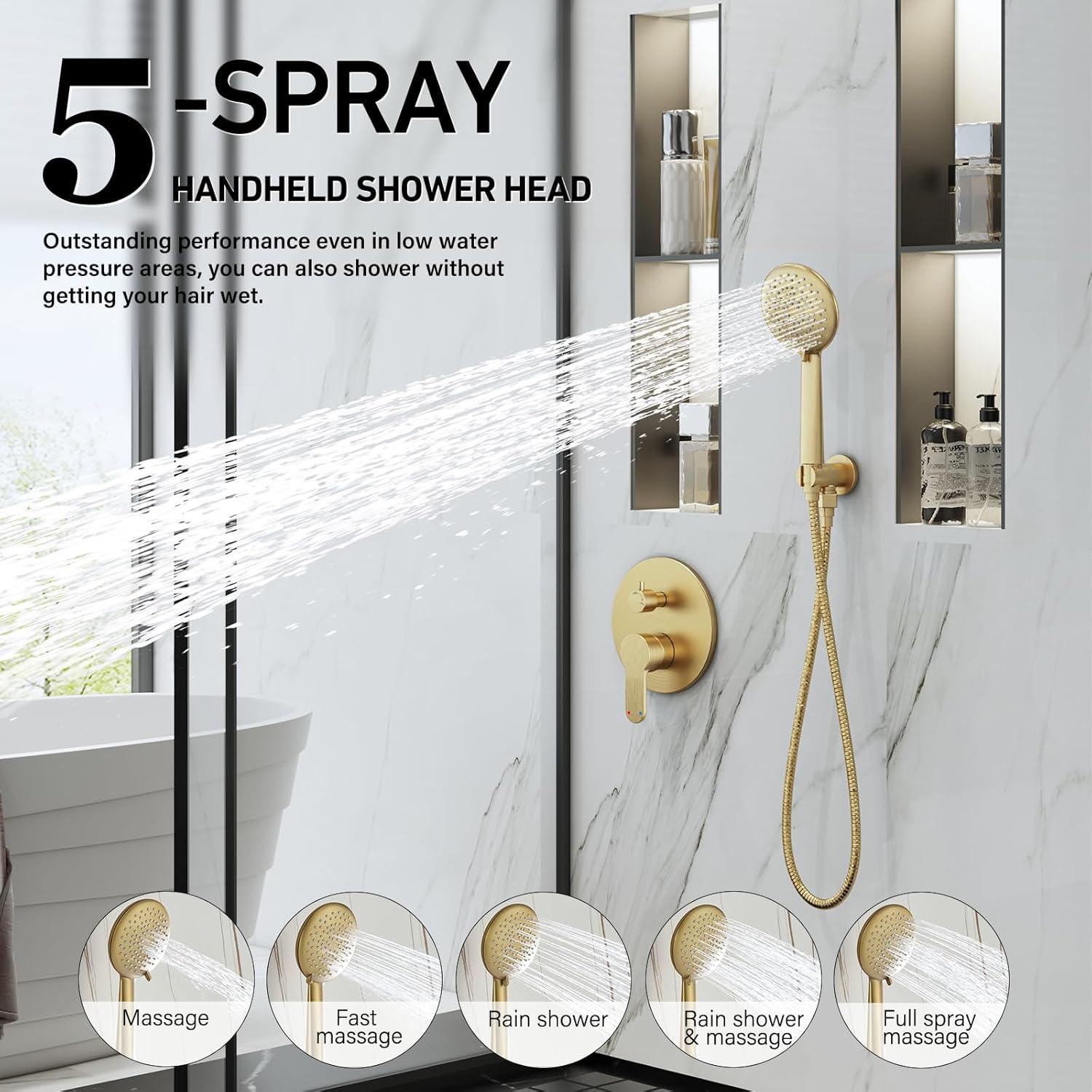 imageGabrylly Shower System Ceiling Shower Faucet Set with 12quot Rain Shower head and Handheld Shower Shower Combo Set with Valve Brushed NickelBrushed Gold