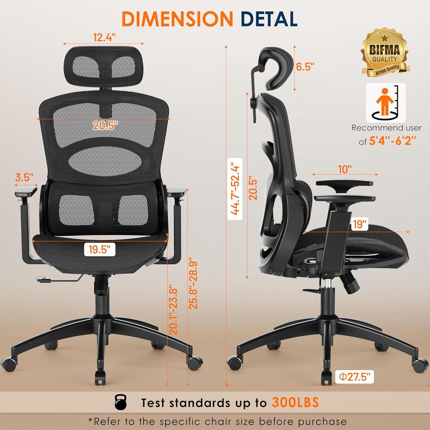 imageGABRYLLY Ergonomic Office Chair HighBack Desk Chairs with Adjustable Lumbar Support Headrest Tilt Function Soft Wide Seat and 3D Armrest 300 LBS Sturdy Home Mesh Chair Task Chairs GY1070