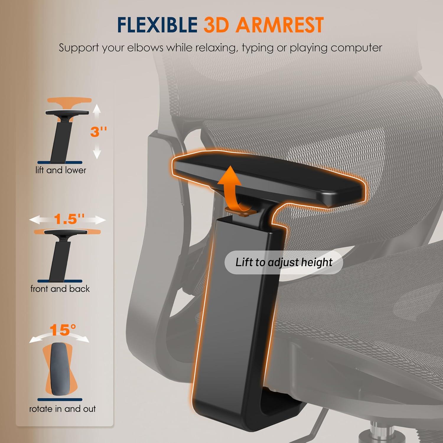 imageGABRYLLY Ergonomic Office Chair HighBack Desk Chairs with Adjustable Lumbar Support Headrest Tilt Function Soft Wide Seat and 3D Armrest 300 LBS Sturdy Home Mesh Chair Task Chairs GY1070