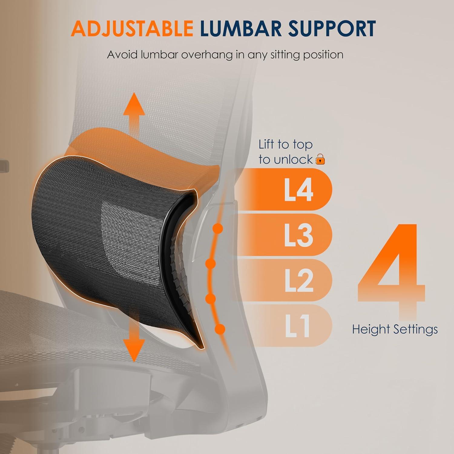 imageGABRYLLY Ergonomic Office Chair HighBack Desk Chairs with Adjustable Lumbar Support Headrest Tilt Function Soft Wide Seat and 3D Armrest 300 LBS Sturdy Home Mesh Chair Task Chairs GY1070