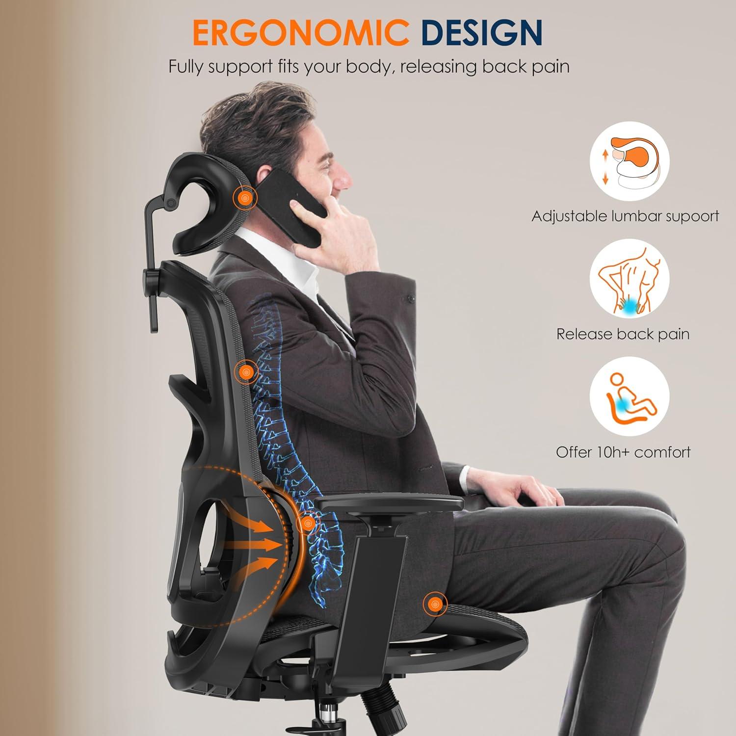 imageGABRYLLY Ergonomic Office Chair HighBack Desk Chairs with Adjustable Lumbar Support Headrest Tilt Function Soft Wide Seat and 3D Armrest 300 LBS Sturdy Home Mesh Chair Task Chairs GY1070
